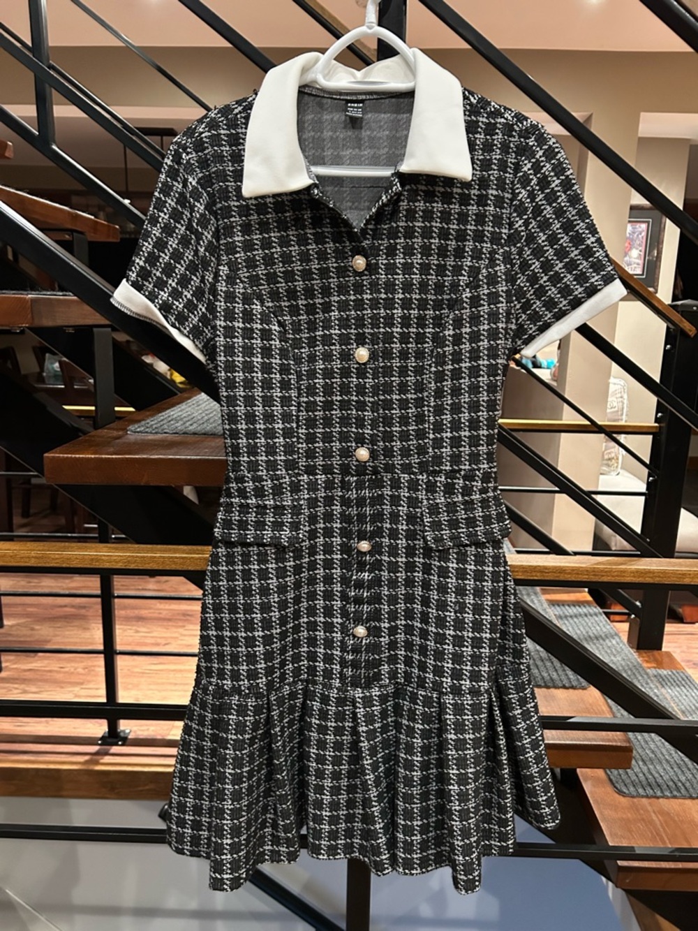Black & White Tweed Polo Button-Front Mini Dress